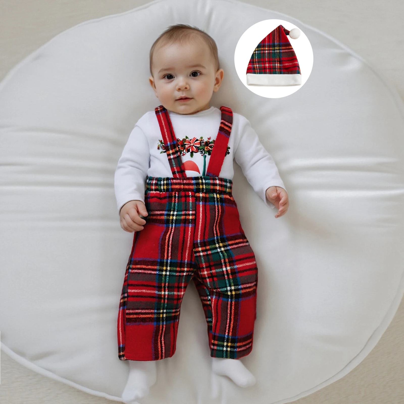 ViSgogo Conjunto de 3 piezas de traje navideño para bebé, niño y niña, mameluco de manga larga de Papá Noel, pantalones con tirantes a cuadros y sombrero - imagen 3