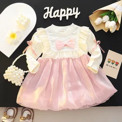 Vestido de niña princesa manga larga con lazo encaje