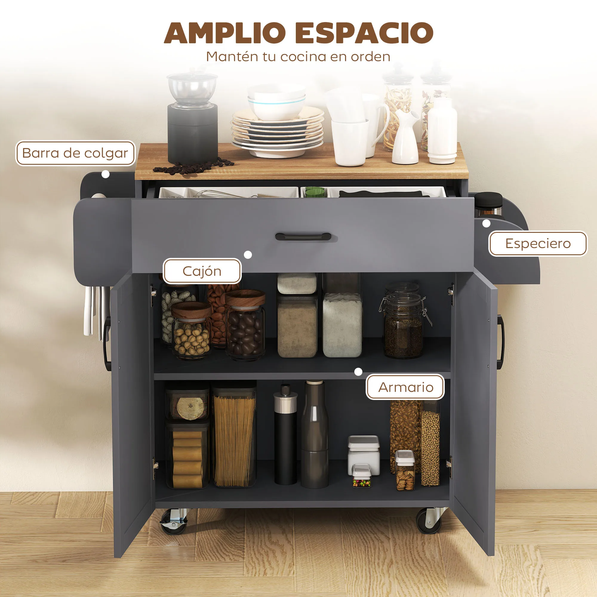 HOMCOM Isla de Cocina con Ruedas, Carrito de Cocina con Cajón, 2 Puertas, Toallero y Especiero, Estante Ajustable, para Comedor, 105x36x85 cm, Gris - imagen 4