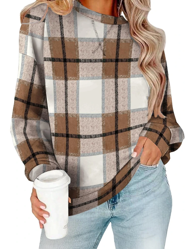 Sudadera con cuello redondo para mujer, camisa holgada de manga larga a cuadros, Top suave y versátil para Navidad, primavera y otoño - imagen 3