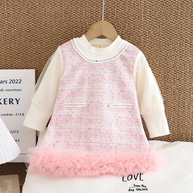 Vestido para niñas pequeñas, primavera y otoño, vestido de princesa de encaje de manga larga para niños pequeños, ropa para niños - imagen 2