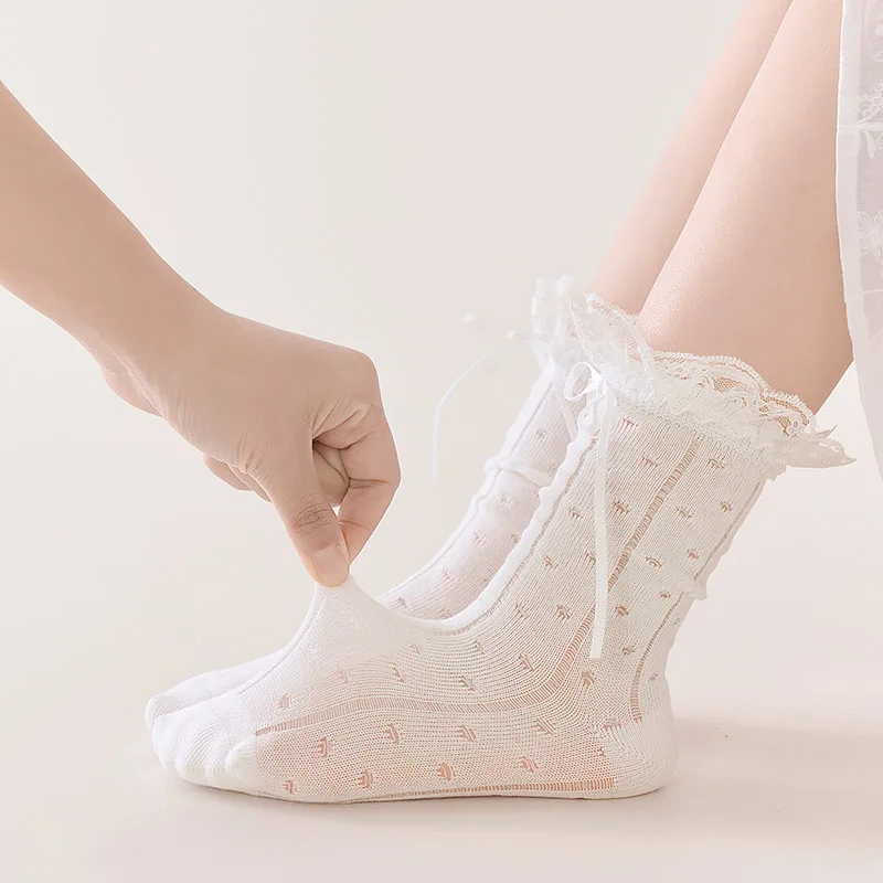 1 par de calcetines coreanos dulces con lazo de encaje para niños y niñas, calcetines de pantorrilla transpirables con volantes de princesa, calcetines finos de algodón suave para la escuela - imagen 2