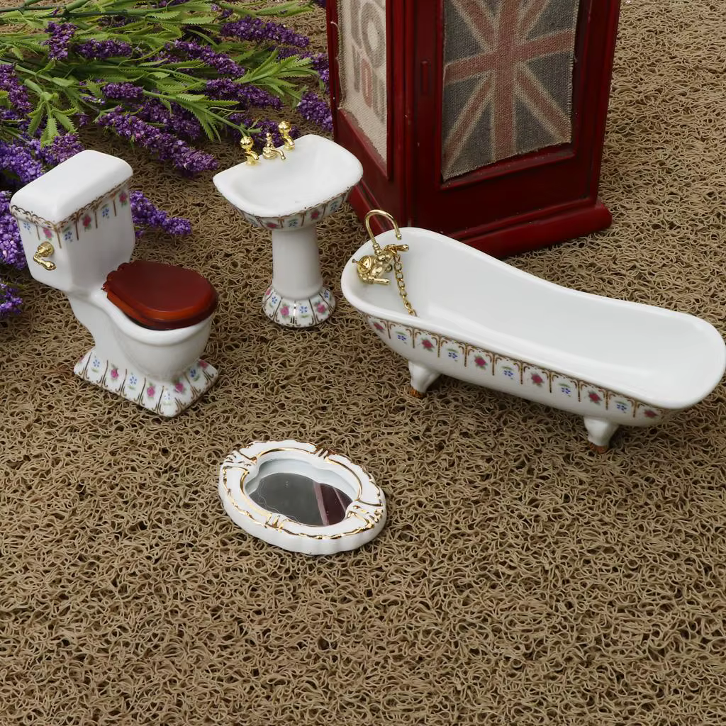 Accesorios baño casa muñecas – Bañera, lavabo y espejo en cerámica miniatura - imagen 2