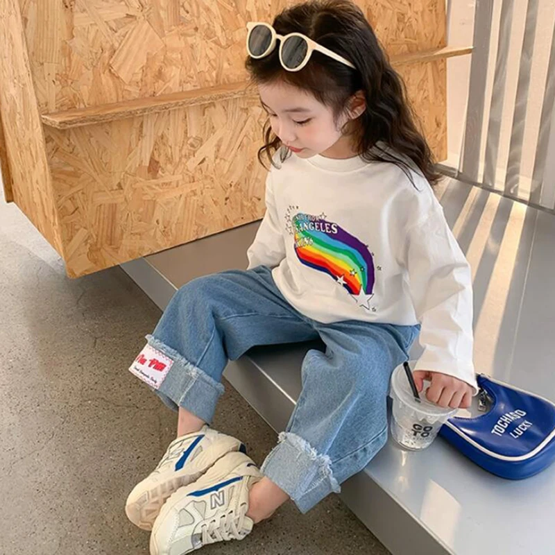 Conjunto de ropa superior e inferior para niña, traje sencillo de moda coreana para niña, conjunto de dos piezas con estampado de arco iris, mangas largas y pantalones, primavera