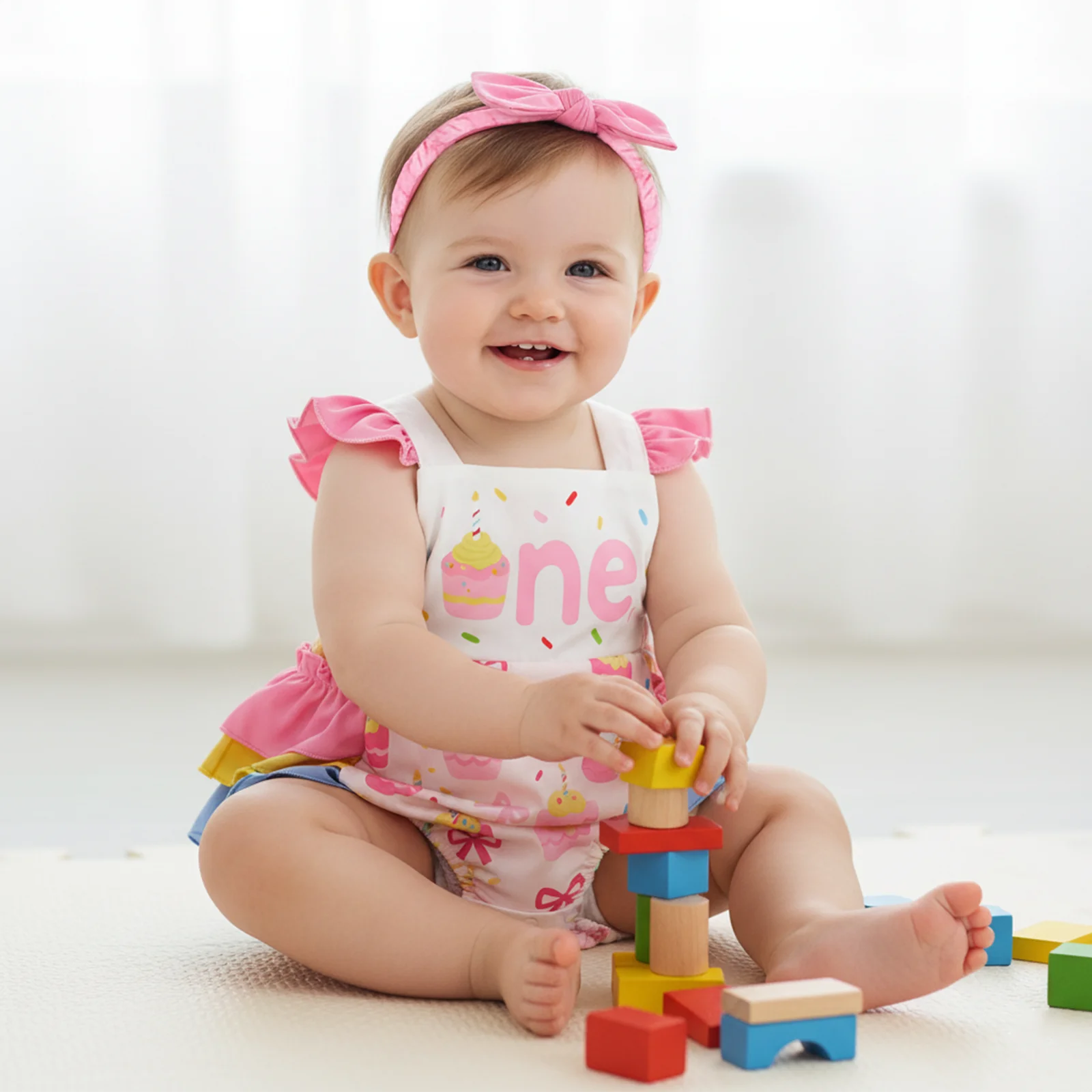 Suefunskry Mameluco de cumpleaños para bebé niña con manga voladora y cuello cuadrado con estampado de magdalenas y diadema con lazo - imagen 4