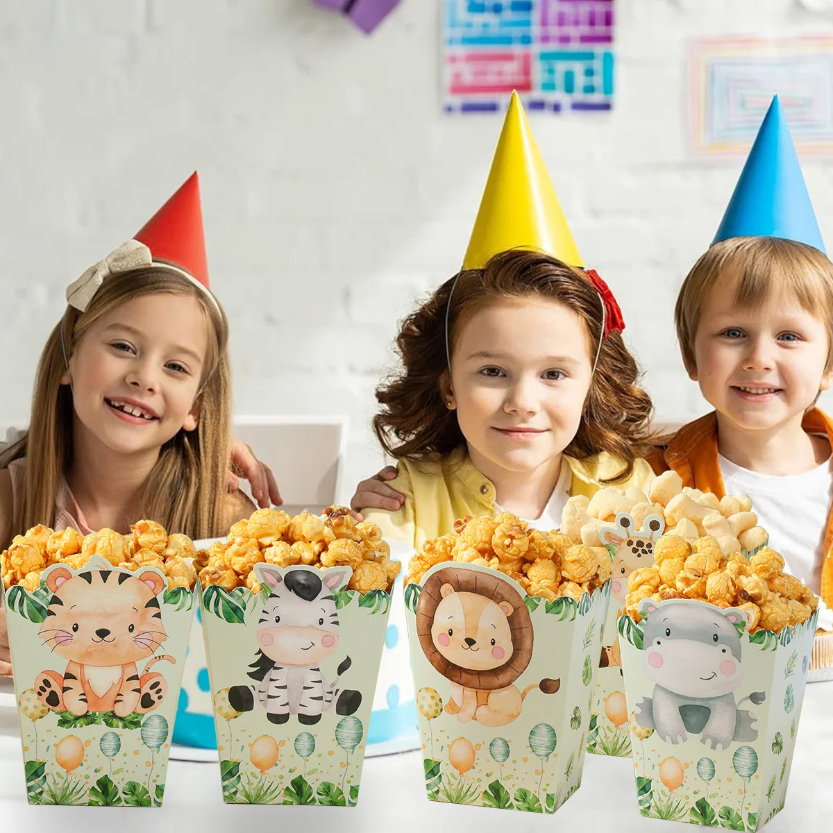 Cajas de palomitas de maíz de dinosaurio y animales de la selva, cajas de golosinas de zoológico, decoración de papel para fiesta de feliz cumpleaños, suministros para fiestas infantiles, regalos, caja de palomitas de maíz - imagen 3