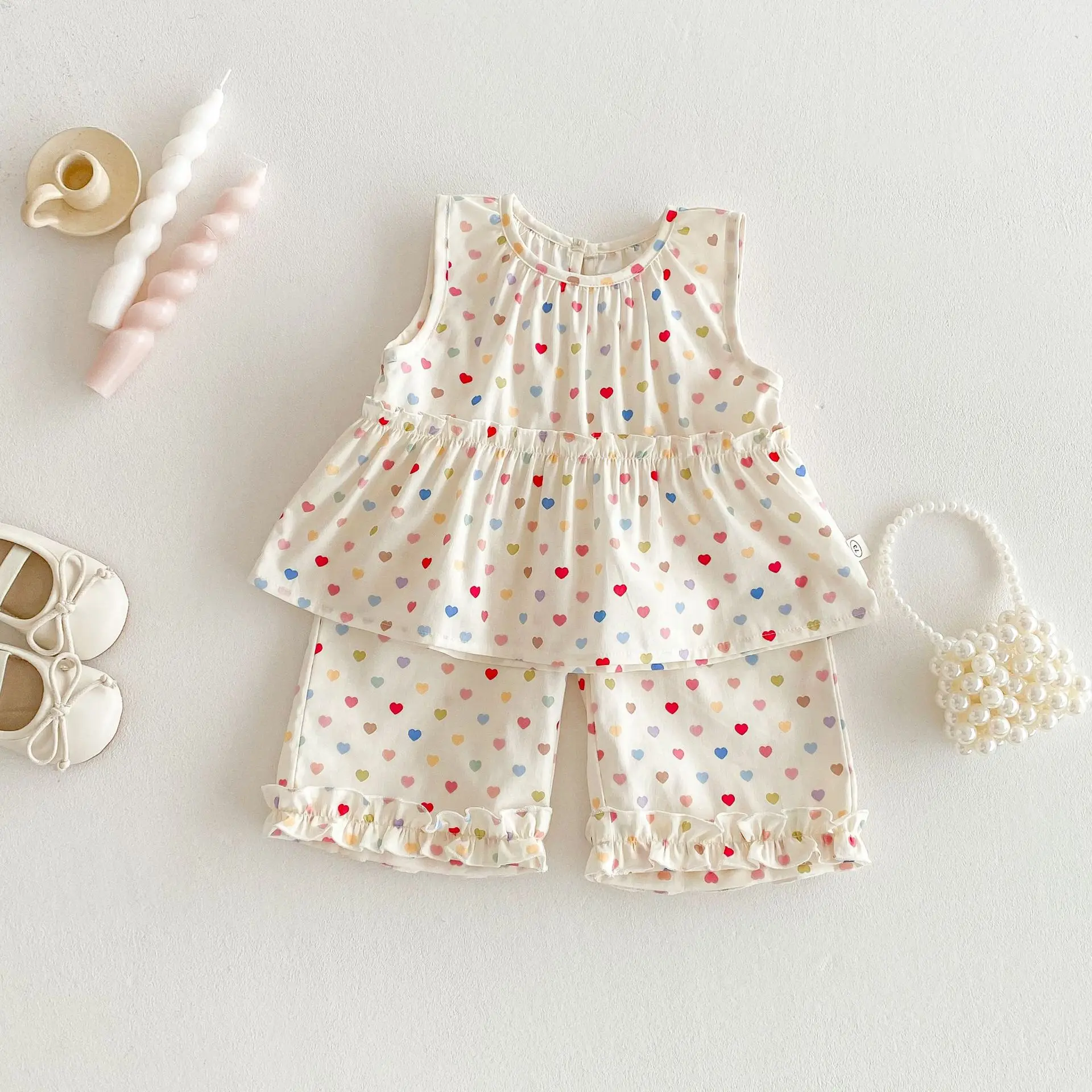 Conjunto verano bebé niña top sin mangas y pantalones anchos corazón - imagen 4