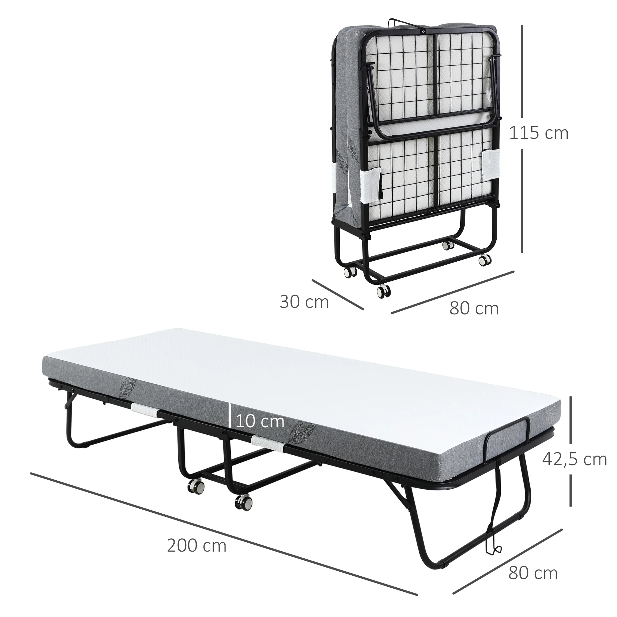 HOMCOM Cama Plegable 200x90 cm con 4 Ruedas, Cama de Camping Portátil, con Colchón Individual de 10 cm, Marco de Acero, Carga 150 kg, para Dormitorio, Salón, Oficina, Blanco - imagen 3