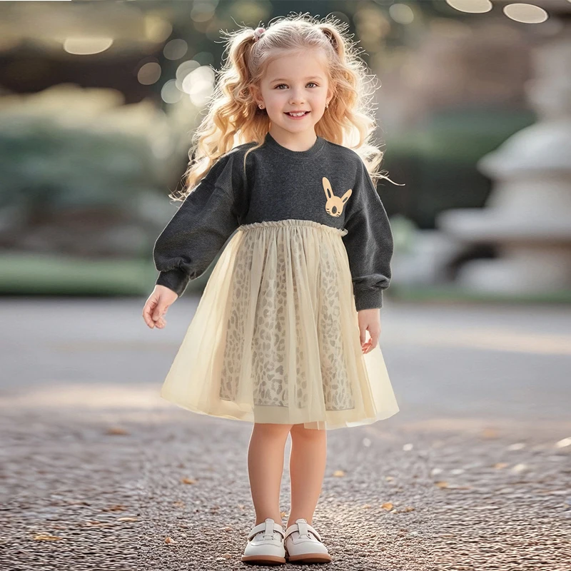 Vestido de princesa de tul para niñas pequeñas, vestido de algodón de manga larga con estampado de animales de dibujos animados, ropa informal de otoño, vestido para niños de 2 a 7 años - imagen 2