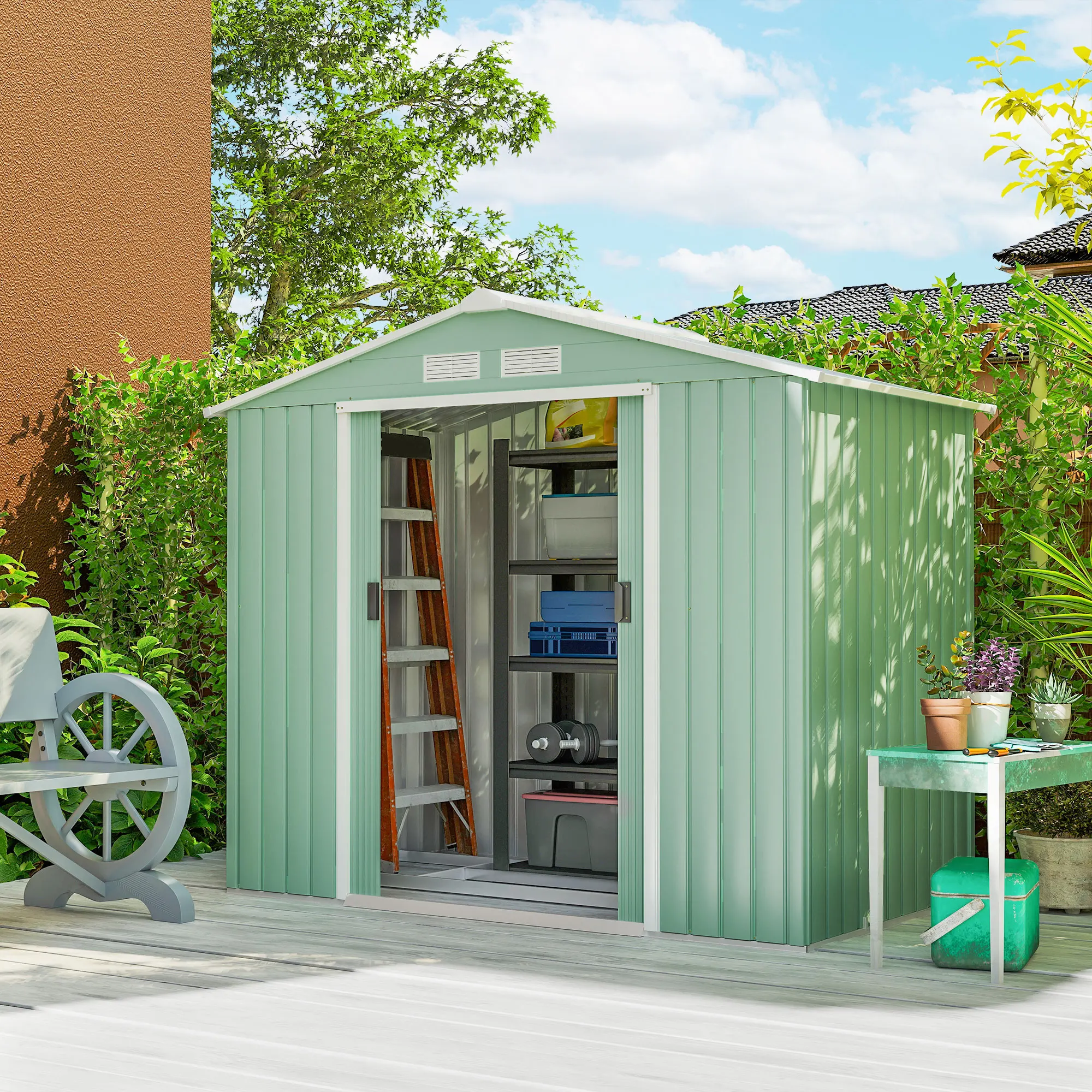 Outsunny Outdoor Garden Shed, 2.5 m² 213X130X185 Cm, Metal Outdoor Garden Shed with 2 Sliding Doors, Reinforced Base (Floor Not Included) and 4 Windows, Light Green - imagen 2