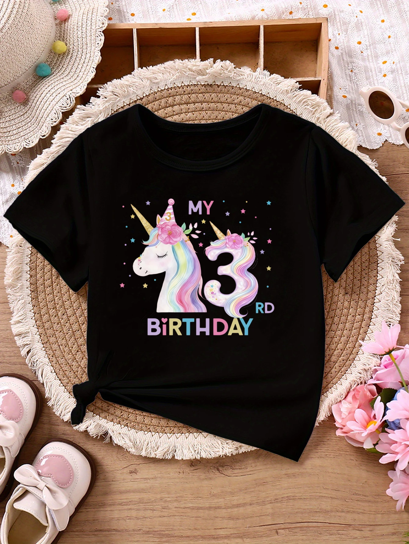 Camiseta niña unicornio manga corta verano estampado estrellas Kawaii - imagen 3