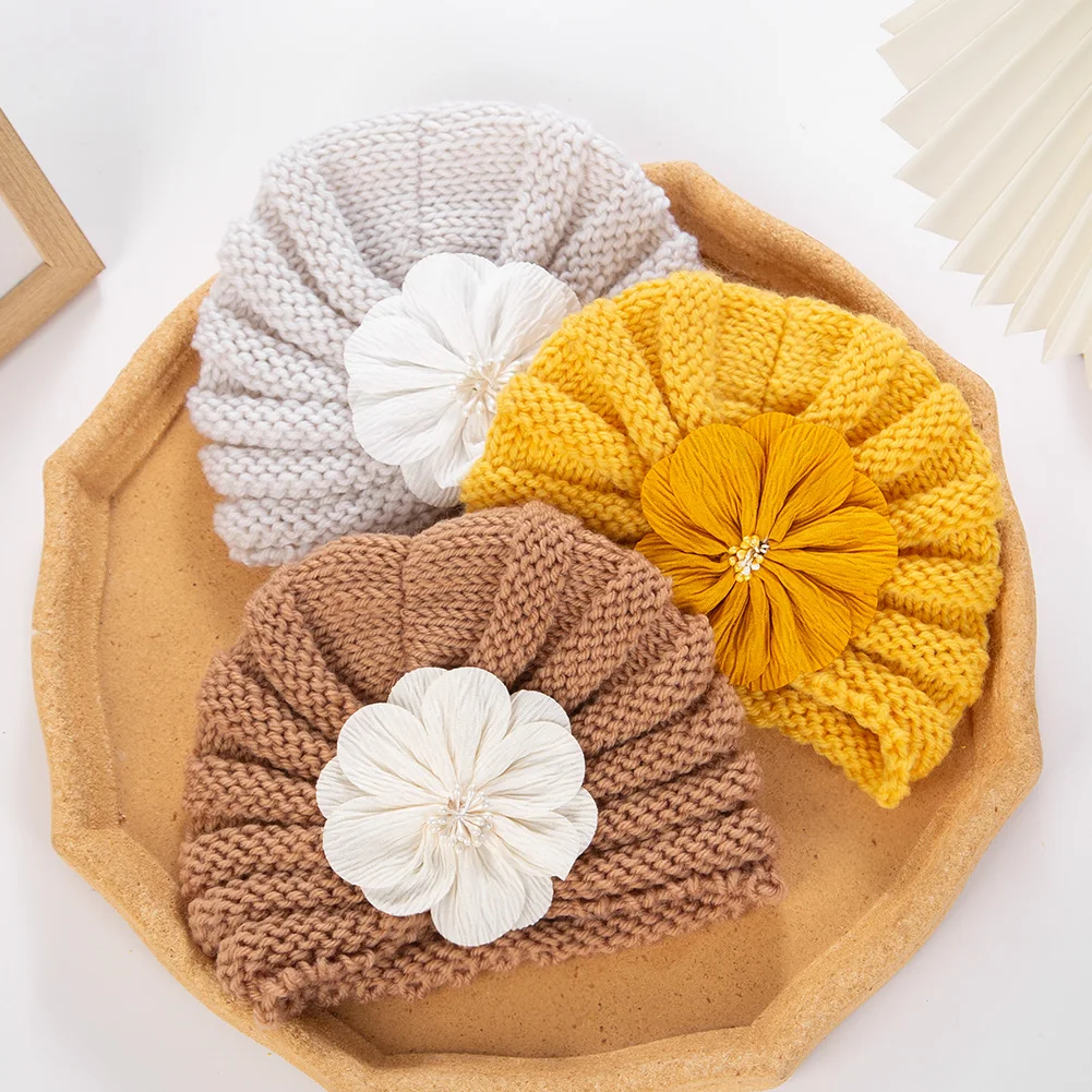 Gorros de punto con flores grandes de la India, gorros de ganchillo para recién nacidos, gorros de invierno para niños de 0 a 3T, diademas para niños y niñas, accesorios de fotografía - imagen 2