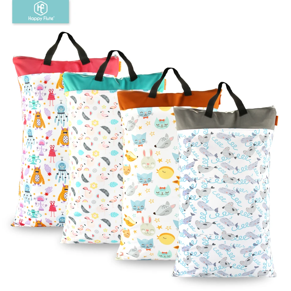 HappyFlute, bolsas de bebé impermeables PUL de poliéster de tamaño grande para mamá, cochecito de bebé, bolsa húmeda para pañales de doble paquete de tamaño grande de 40x70cm