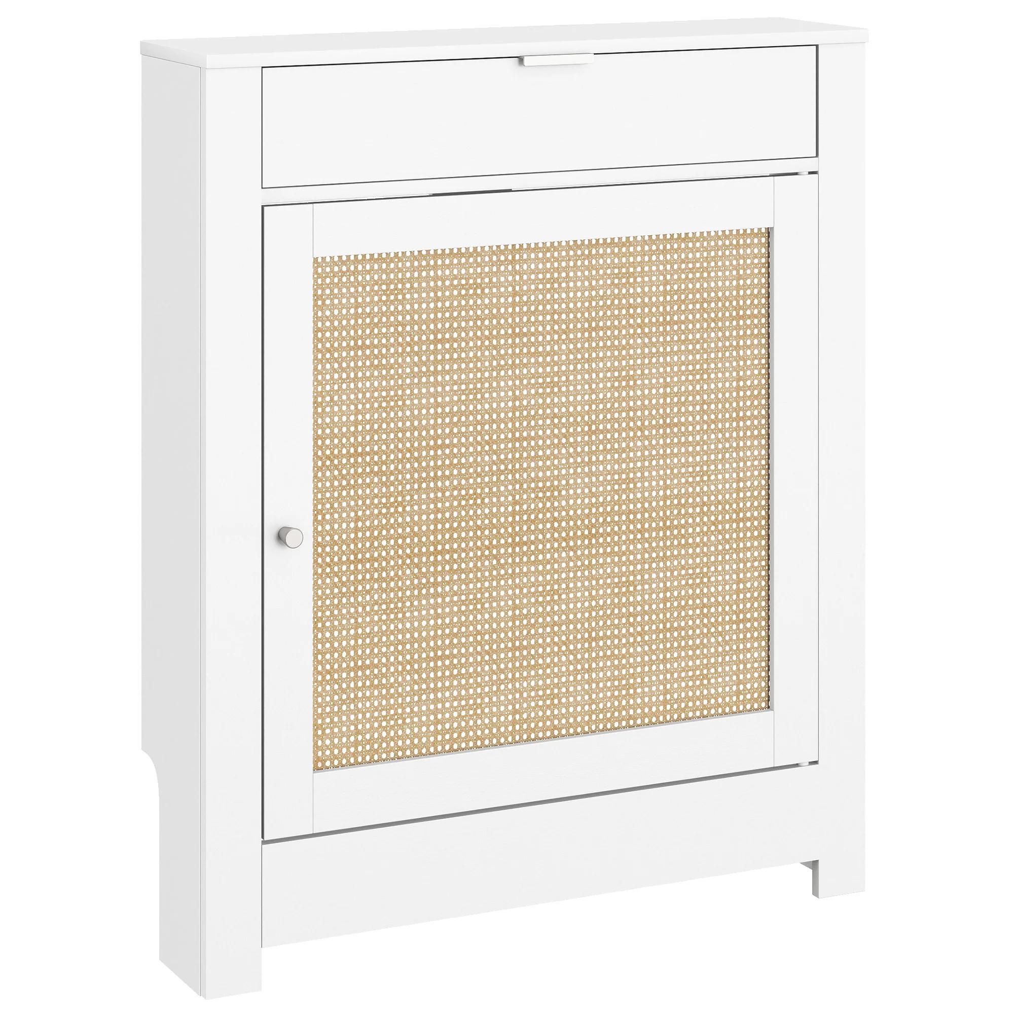 HOMCOM Cubre Radiadores con Puertas Abatible y Ratán, Cubreradiador de MDF, Cubierta para Radiador, Compartimento, Diseño Bohemio, para Salón, Dormitorio, Blanco