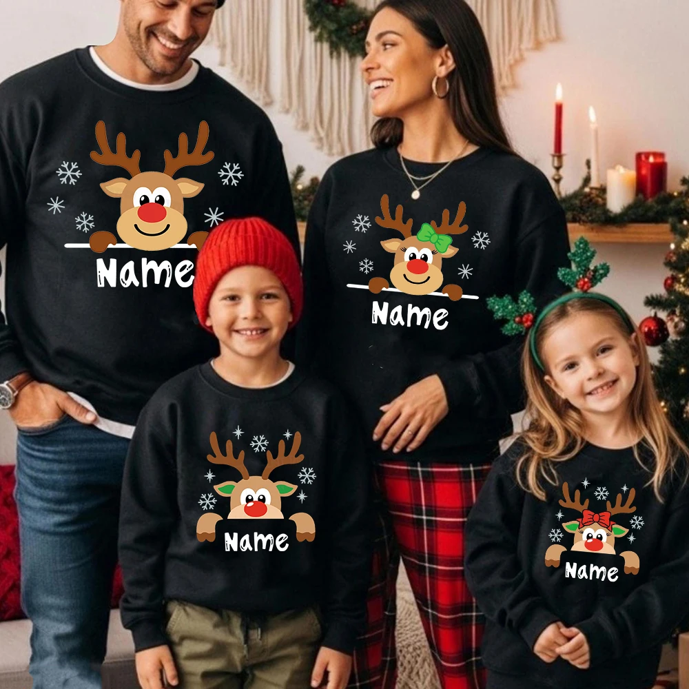 Navidad ciervo nombre personalizado sudadera a juego mamá papá hija hijo Tops familia Navidad Sudadera con capucha regalo de vacaciones nombres de Navidad ropa