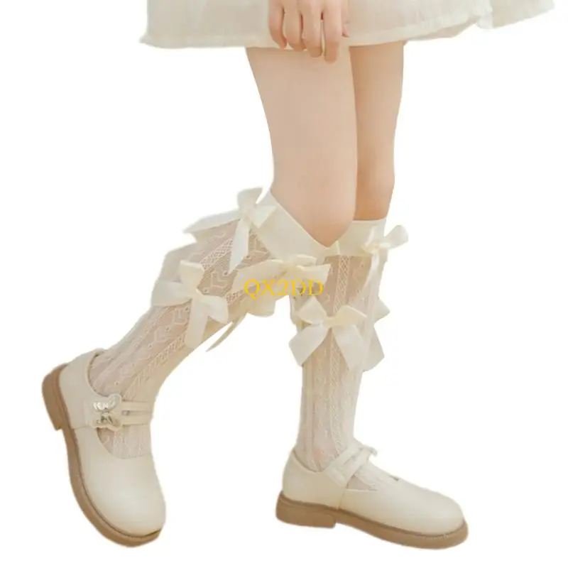 QX2D Girls Bajo longitud rodilla Calcetines para niños Preciosos calcetines detalles Bownot en calcetines tubo - imagen 5