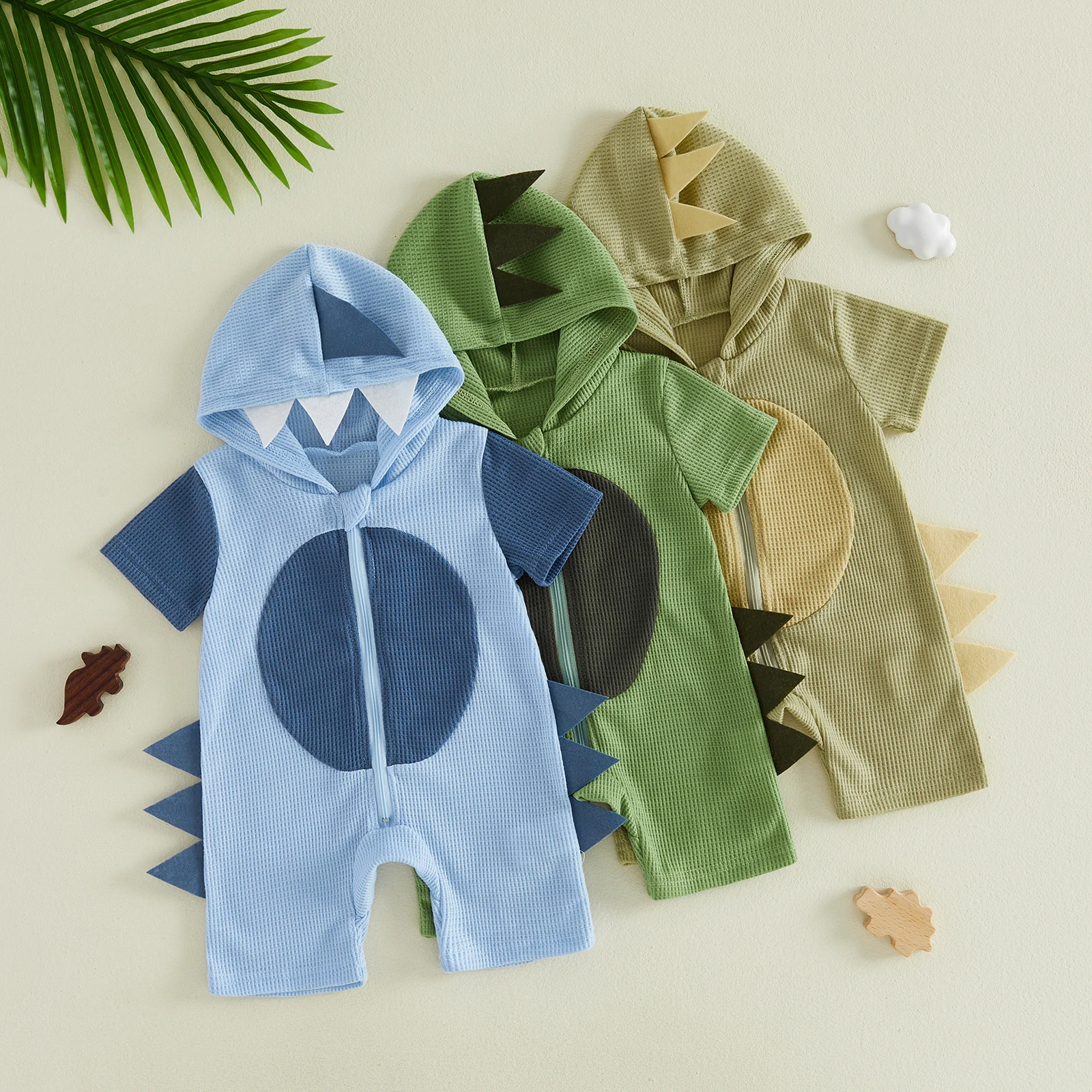Mono de verano con capucha, tejido gofrado y dinosaurio para bebé niño - imagen 3