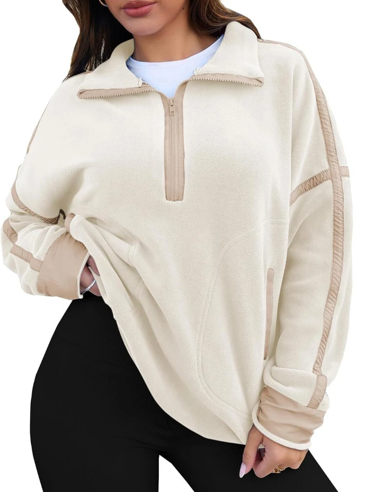 Sudadera de media cremallera para mujer para otoño e invierno, jersey de manga larga con cuello levantado, Top versátil informal con bloques de Color y bolsillo