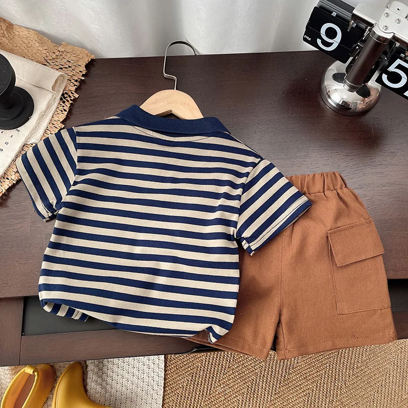 Conjuntos de 2 piezas de ropa de Boutique de verano para niños, moda informal coreana, camisetas de manga corta de algodón a rayas para bebés + Pantalones cortos, ropa para niños pequeños B007 - imagen 2