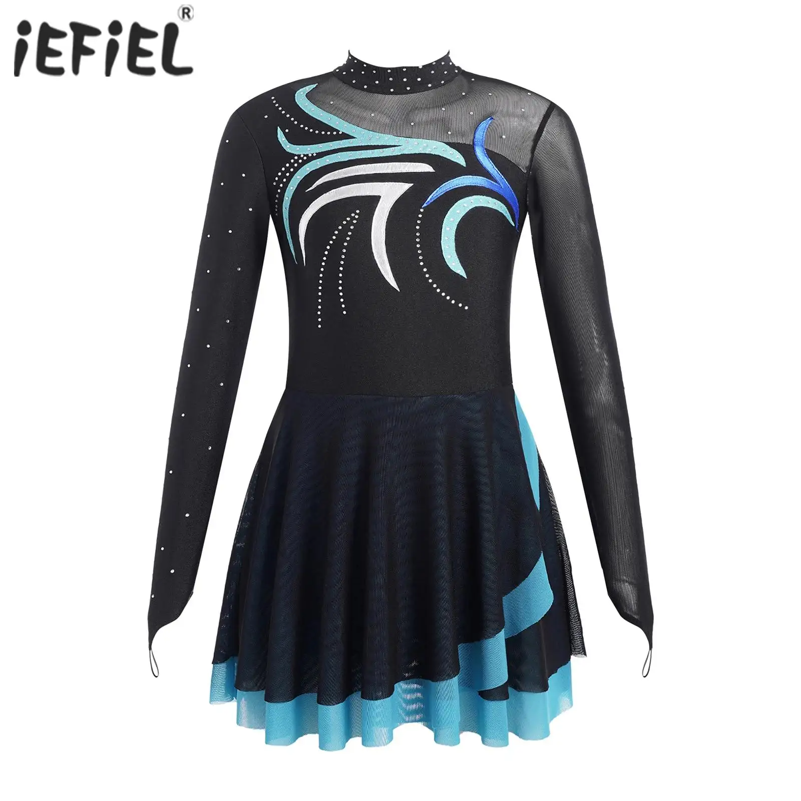 Vestido de patinaje artístico para niños y niñas, leotardo transparente con malla de gimnasia de baile de diamantes de imitación, vestido de actuación de baile lírico de Ballet