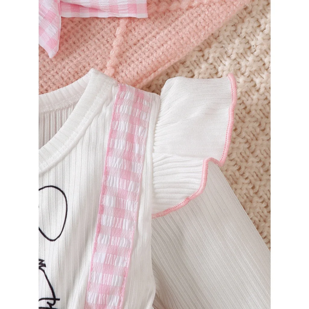 Falda con tirantes rosa de manga larga para niña recién nacida de 1 a 18 meses, bonito vestido falso de dos piezas con estampado de conejo y diadema del mismo Color - imagen 3