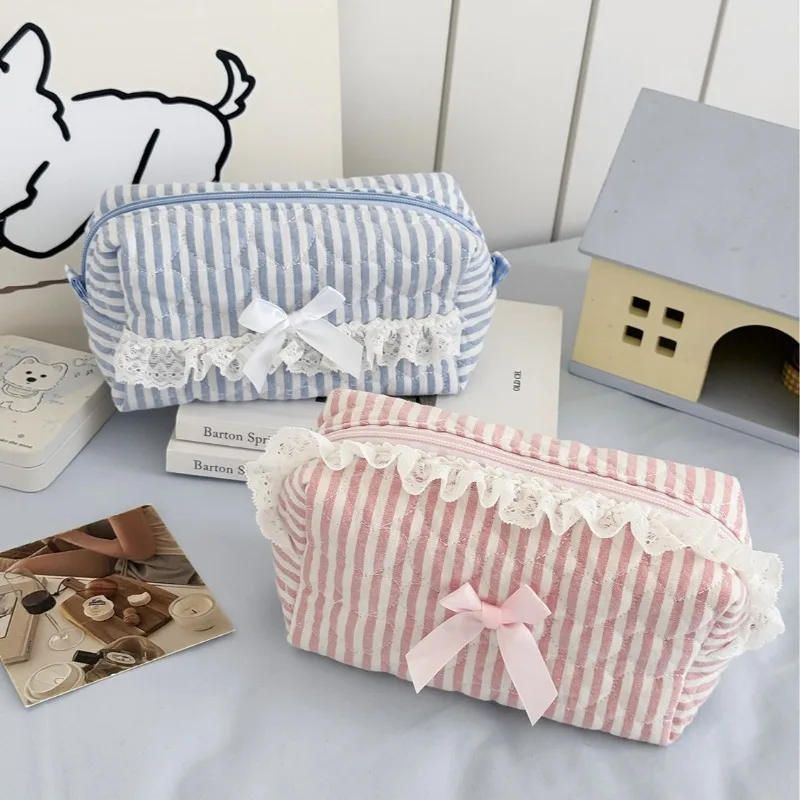 Organizador de papelería de encaje dulce a cuadros, estuche para lápices acolchado de gran capacidad, color rosa y azul, estuche para lápices para la vuelta a la escuela - imagen 4