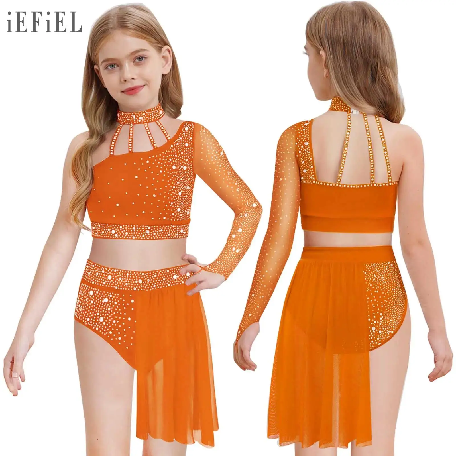 Conjuntos de baile de Ballet para niñas, traje de baile lírico con cuello Halter, Top corto de manga larga con diamantes de imitación brillantes y trajes de falda Irregular