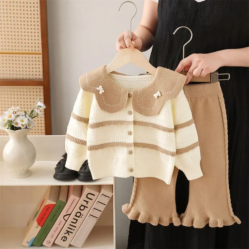 MILANCEL nuevo conjunto de ropa de otoño para niños 2-6T lindo Color bloque tejido niñas suéter + Pantalones solapa grande prendas de vestir sueltas para niños 2 uds - imagen 3