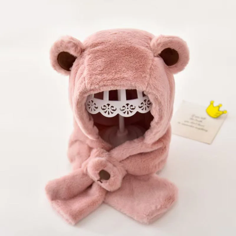 Gorro con protección para los oídos para niños de invierno, 1-3T, oso de dibujos animados, gorro y bufanda cálidos para niñas, gorro dulce integrado para niños pequeños - imagen 2