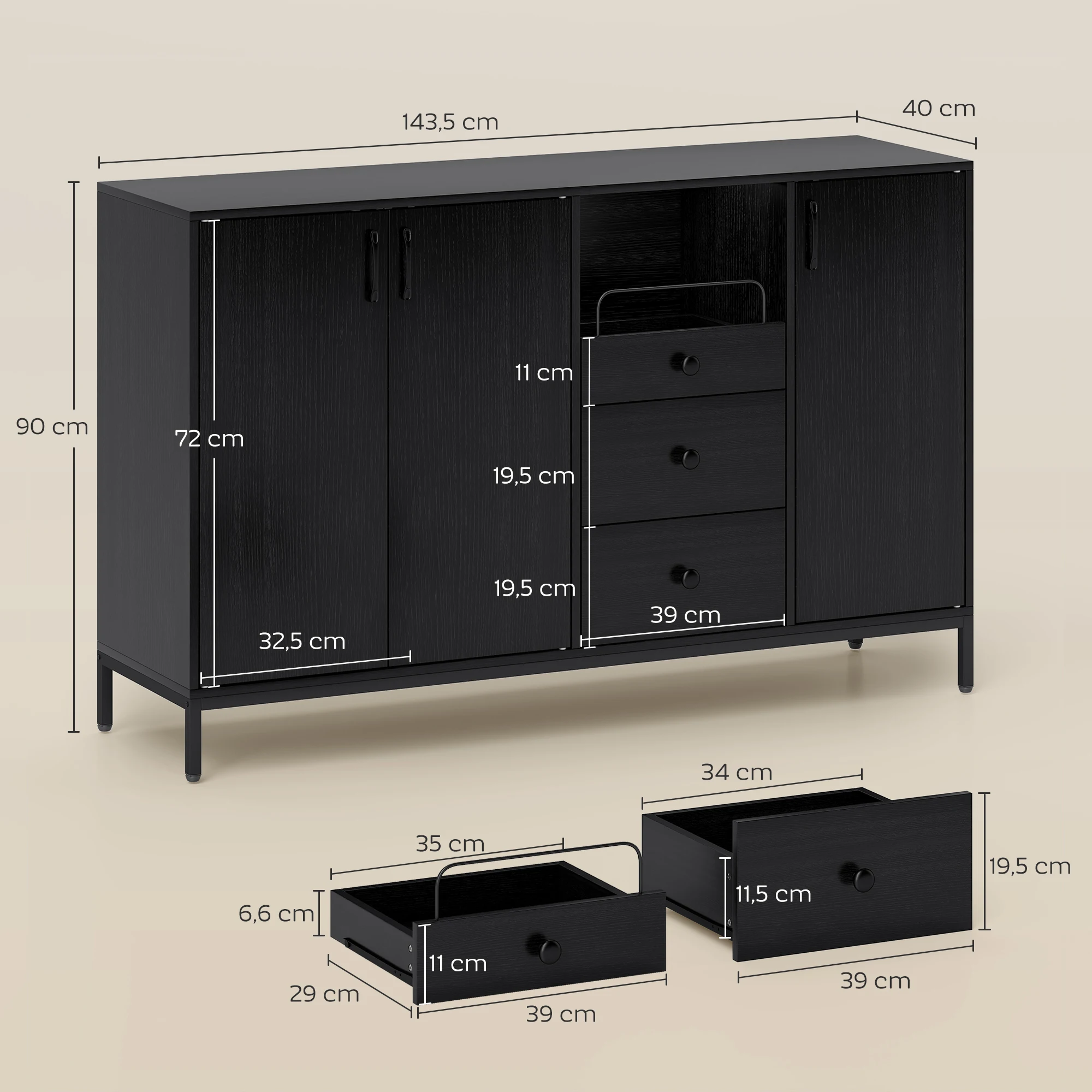 HOMCOM Aparador de 3 Puertas, Aparador de Salón con 3 Cajones, Estantes Ajustables, para Cocina, Entrada, Comedor, Dormitorio, Negro, 143,5x40x90 cm - imagen 3