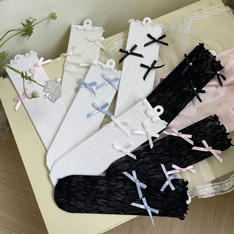 1 par de calcetines de pantorrilla florales de Jacquard de verano para niños y niñas, calcetines coreanos de moda con lazo para niños, calcetines dulces elásticos de nailon suave, ropa - imagen 2