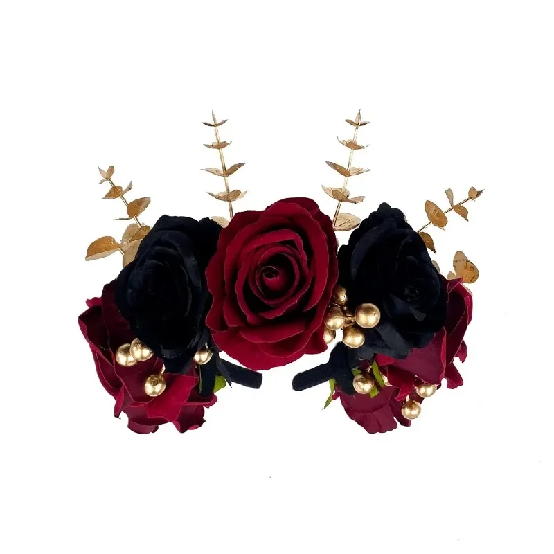 Diadema corona de flores rosa burdeos – tocado para fiesta - imagen 3