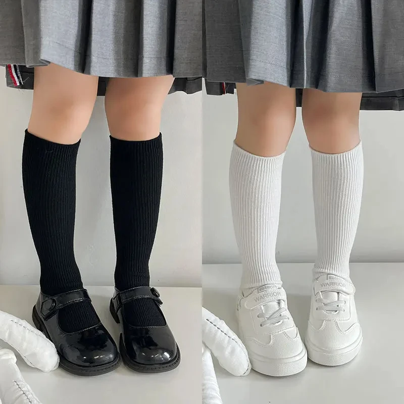 Medias de punto de Color caramelo para niños, calcetines hasta la rodilla de algodón transpirables a rayas de Color sólido para niñas, calcetines de tubo medio, tamaño libre 30cm