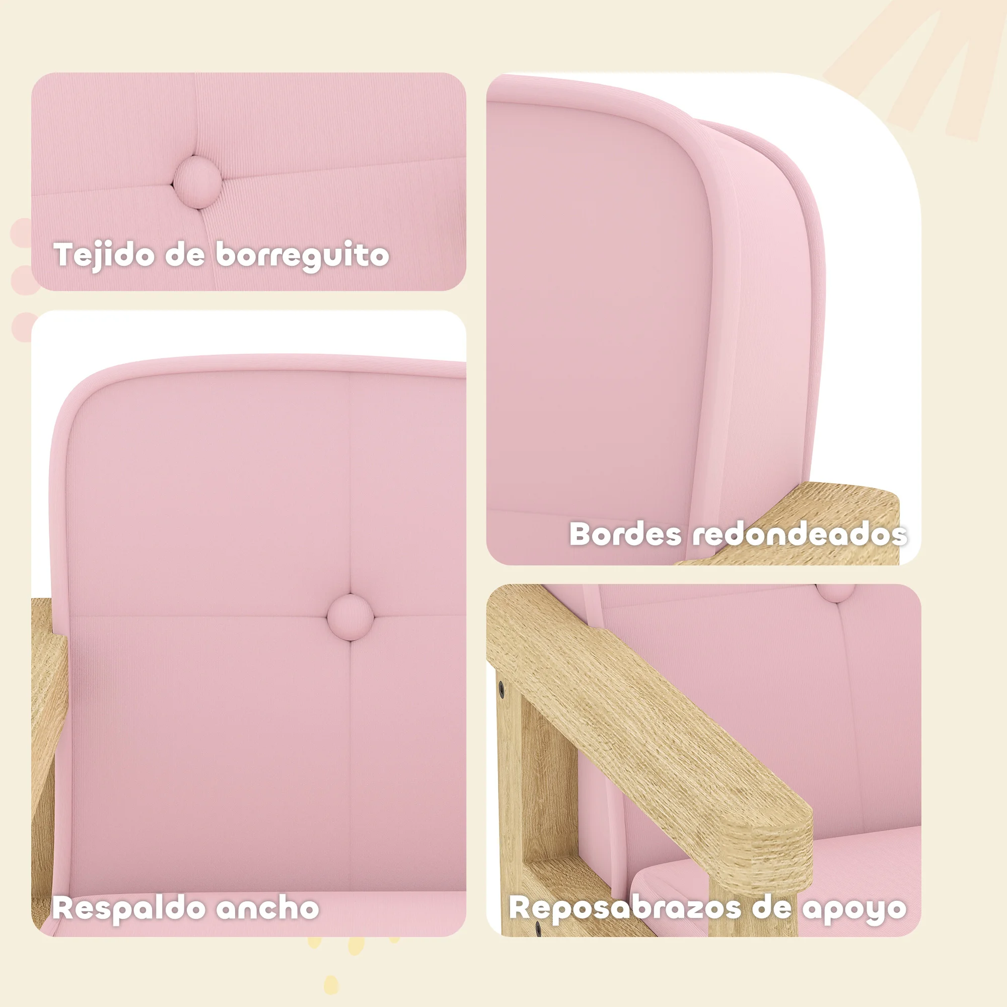 AIYAPLAY Sillón Infantil, Sofá para Niños de +3 Años, con Tejido Suave de Pana, Estructura de Madera, Asiento y Respaldo Acolchado, Reposabrazos, Carga 45 kg, 46,5x44x45 cm, Rosa - imagen 3