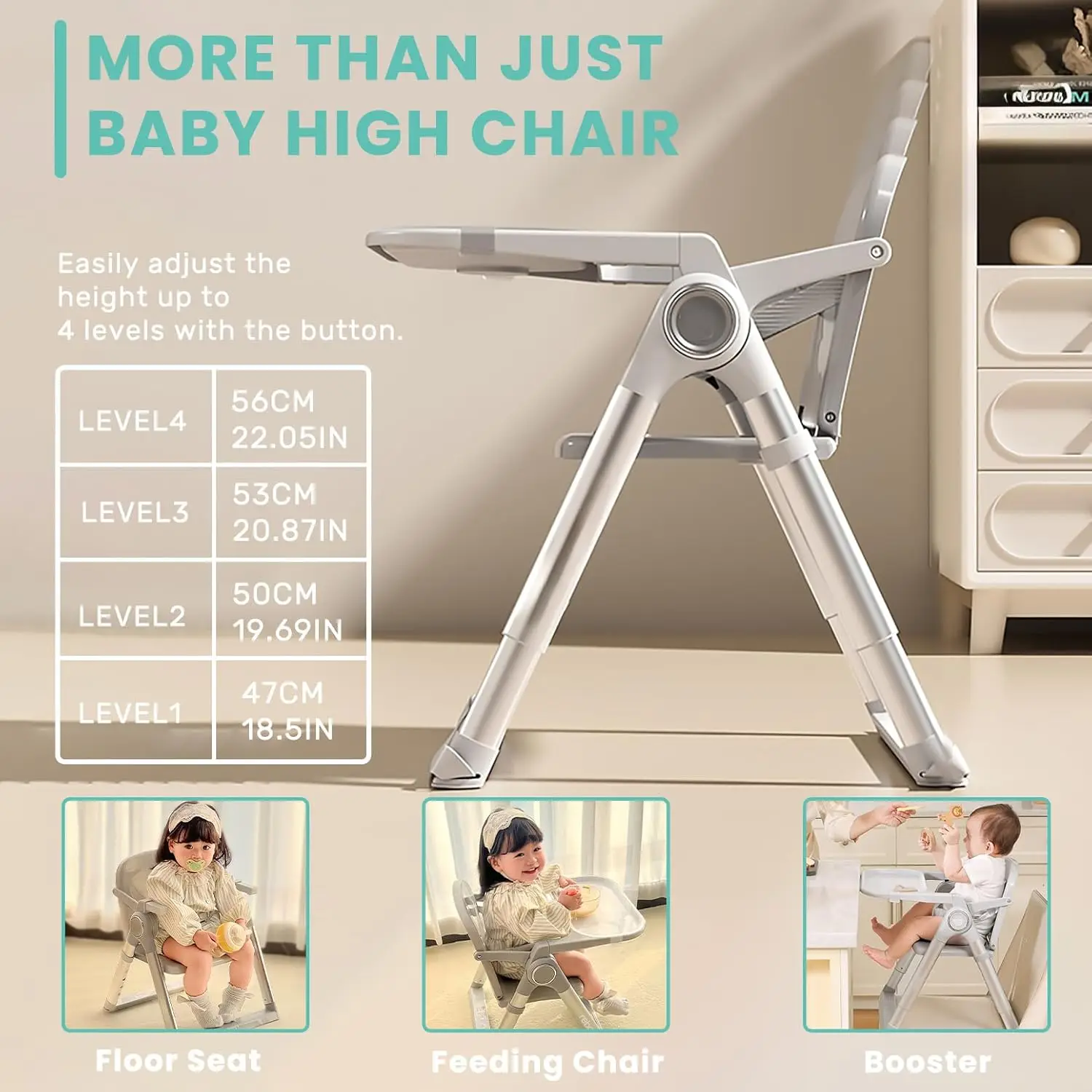 UBRAVOO Silla alta plegable 3 en 1 – Trona con elevador y bandeja - imagen 3