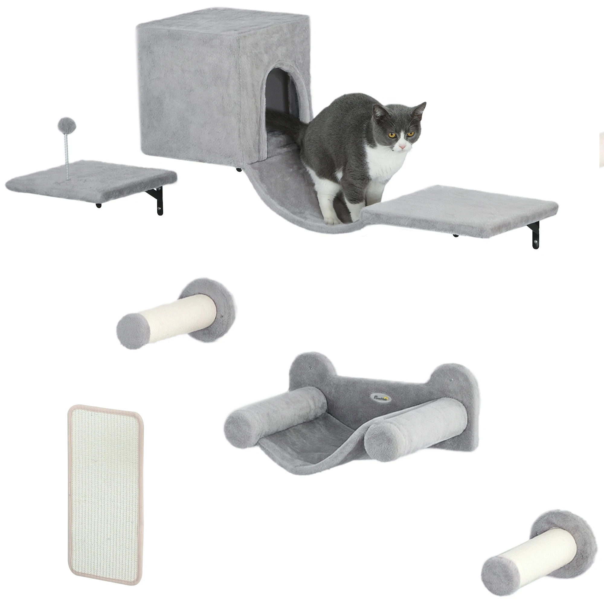 PawHut Juego de Pared de Escalada para Gatos de 6 Piezas Estanterías para Gatos con Condominio Plataforma Hamaca Escaleras Percha Tabla Rascador Poste de Sisal Bola de Juguete - imagen 2