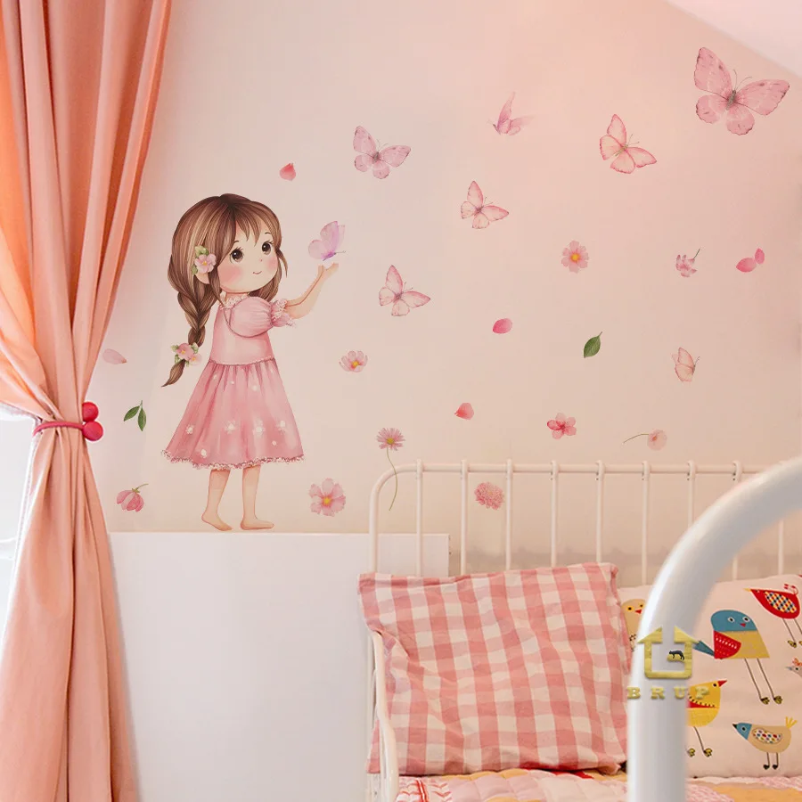 Pegatinas de pared autoadhesivas para niña bonita para dormitorio, habitación de niños, dormitorio, pegatinas de decoración del hogar, flores de mariposa - imagen 2
