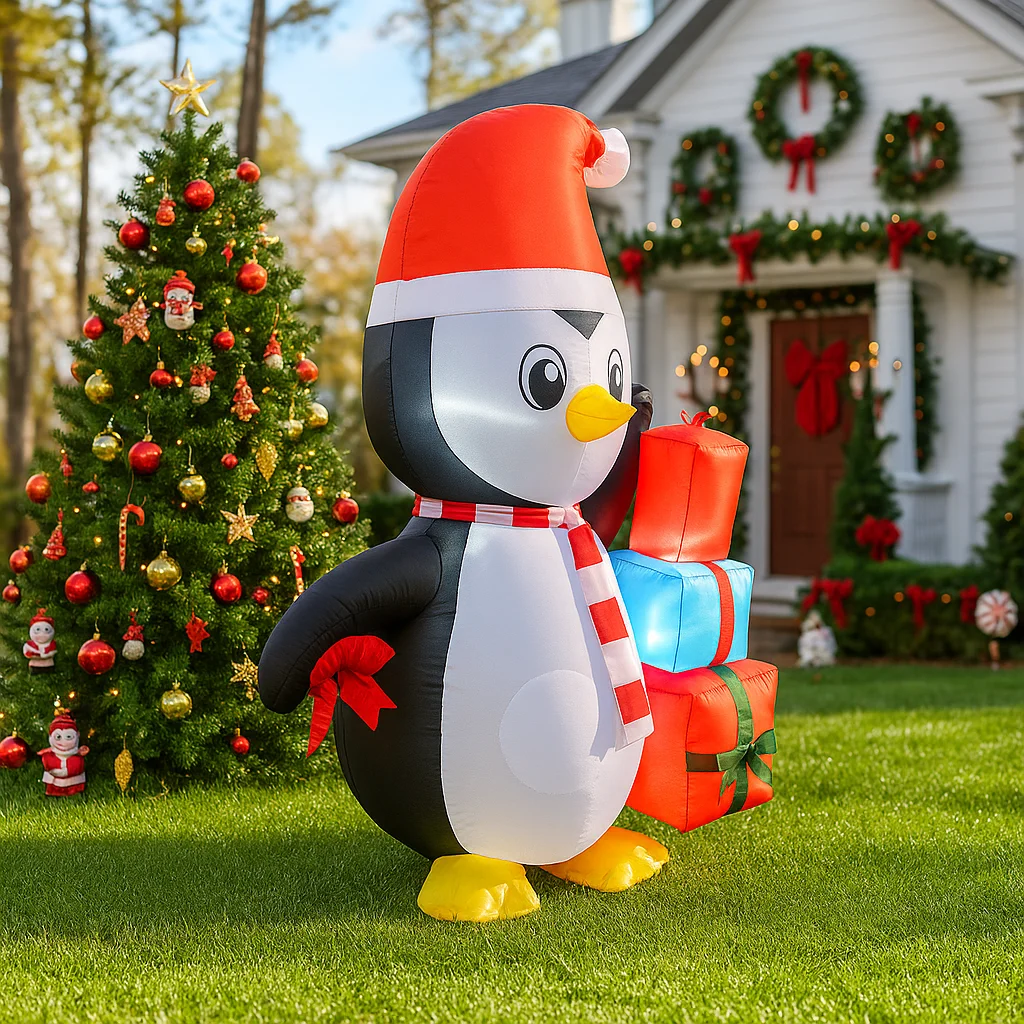 Decoración navideña al aire libre de 4,9 pies, regalo de pingüino, decoración navideña inflable, adornos de patio, luces, juguetes para el hogar, decoración, explosión - imagen 5