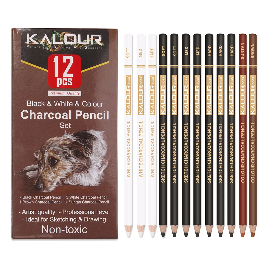 KALOUR 6/12 lápiz de carbono profesional lápiz de resaltado de carbón blanco blanco/negro/Color lápiz de boceto de carbono herramientas de dibujo artístico