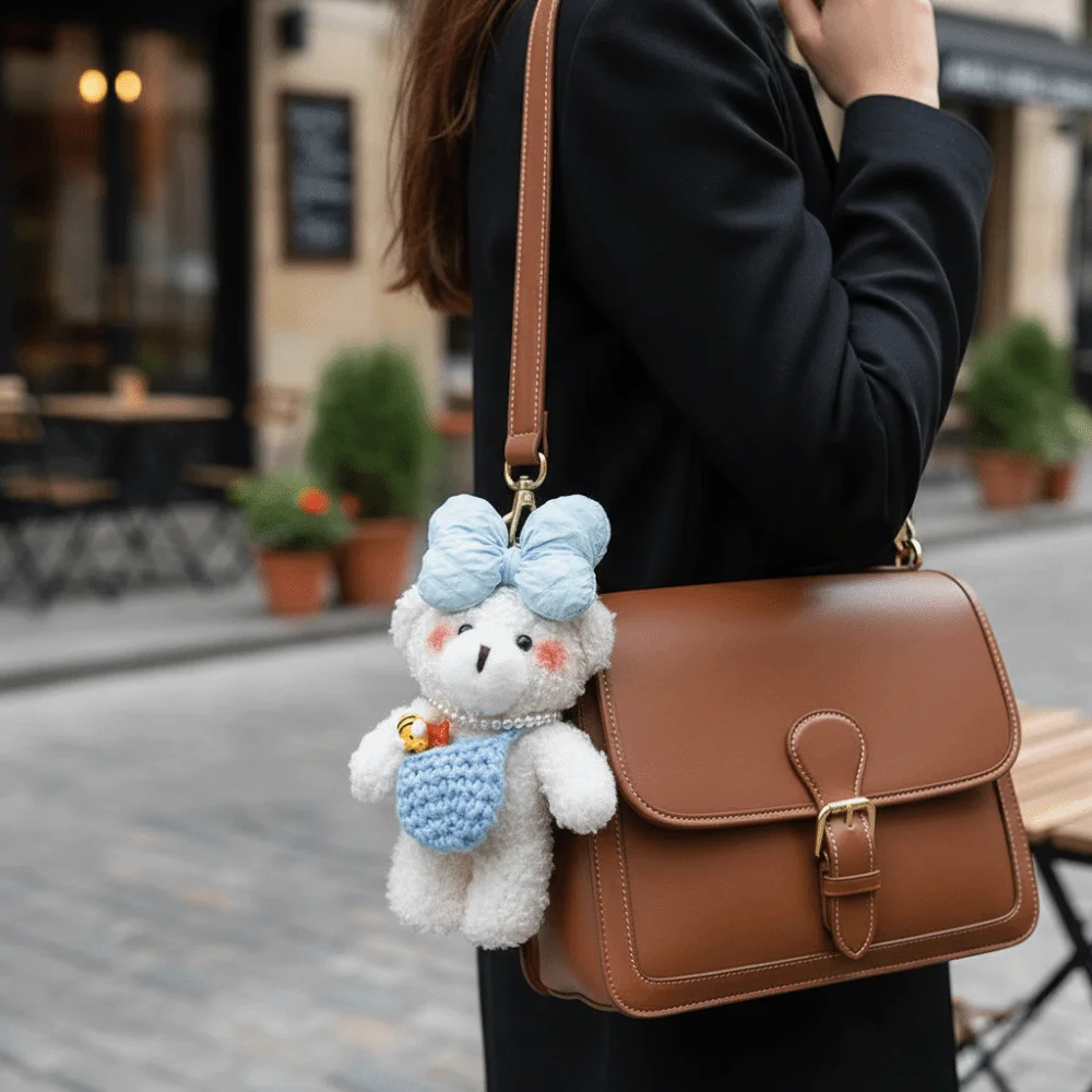 Llavero oso peluche con lazo – Colgante suave para bolsos y carritos - imagen 3