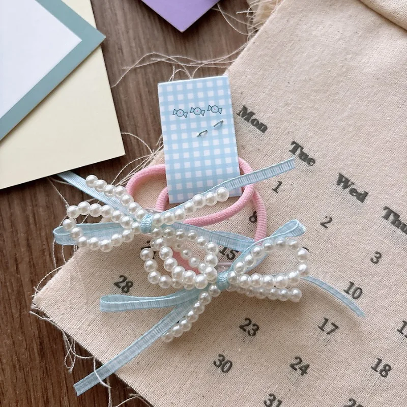 Lazos para el cabello con lazo a cuadros dulces de primavera, color caramelo con perlas, corazón de niña, bandas para el cabello de alta elasticidad para niños, no dañadas. - imagen 4