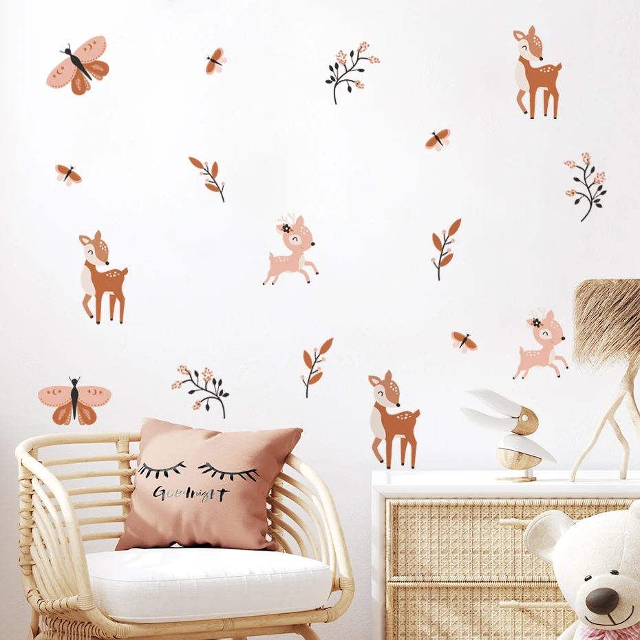 Vinilo decorativo bohemio ciervo Sika mariposas acuarela cuarto infantil - imagen 4