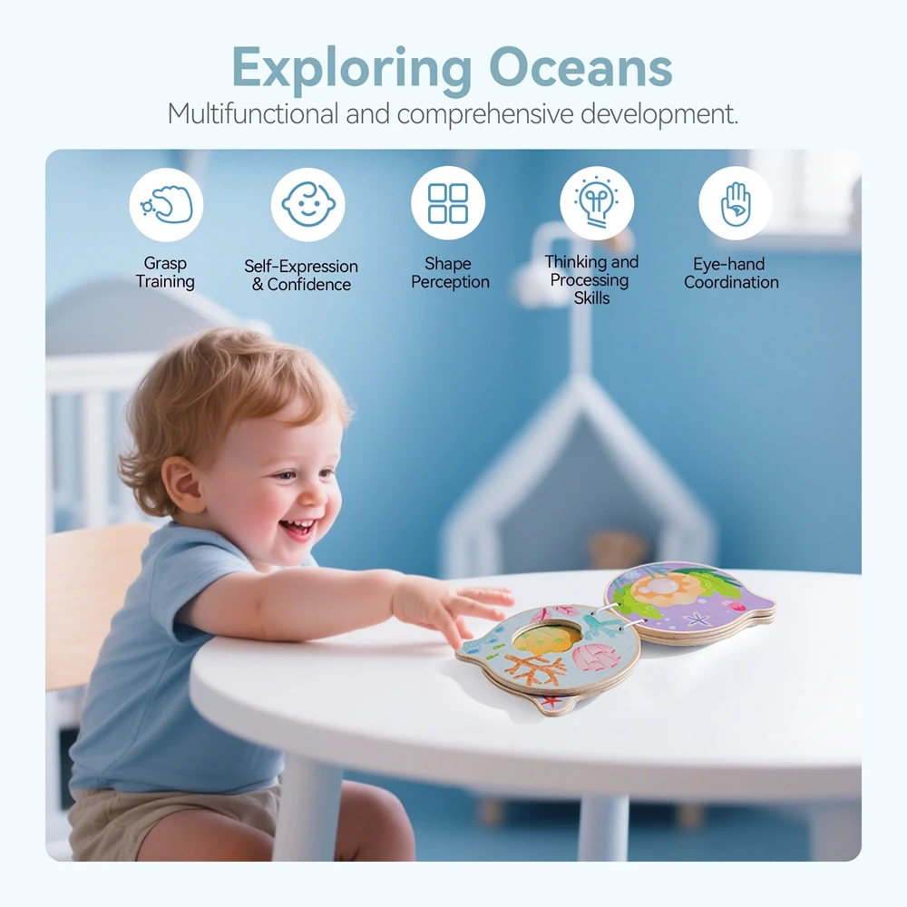 Libro de madera para bebés, juguetes educativos tempranos, lectura de iluminación Montessori, ilustración de animales marinos, libro cognitivo para niños pequeños - imagen 3