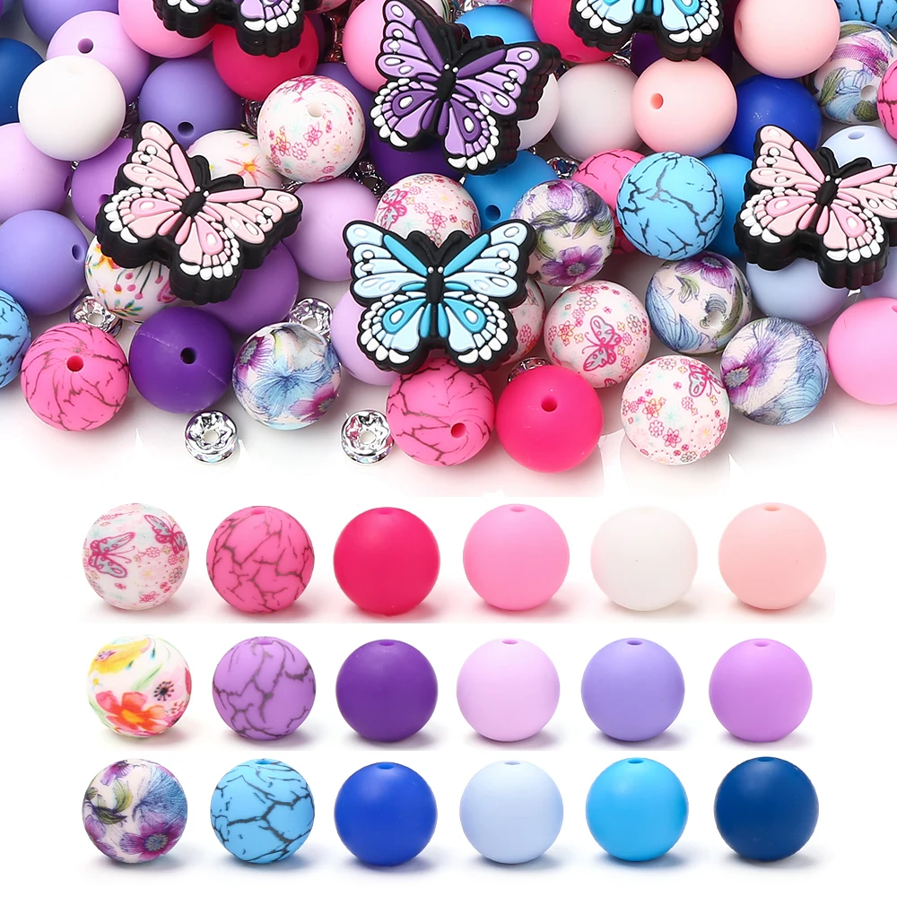 58 Uds nuevas cuentas focales de mariposa de silicona 15mm juegos de cuentas redondas de silicona para DIY cadena de chupete de bebé accesorios de pulsera mordedor