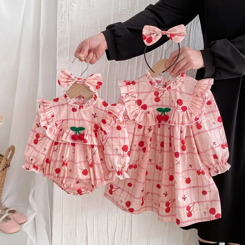 Ropa de bebé con estampado de cereza, ropa para hermanos, mono para hermanas pequeñas, traje infantil, otoño 2025 - imagen 4