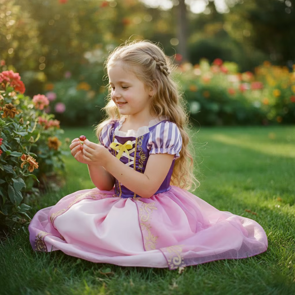 Vestido princesa infantil con mangas abullonadas doradas