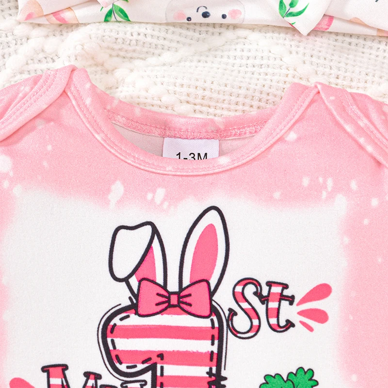 Suefunskry-Conjunto de 3 uds de Pascua para niña, pelele con estampado de letras de conejito de manga corta, pantalones acampanados con estampado de huevos, diadema con lazo, conjunto encantador - imagen 3