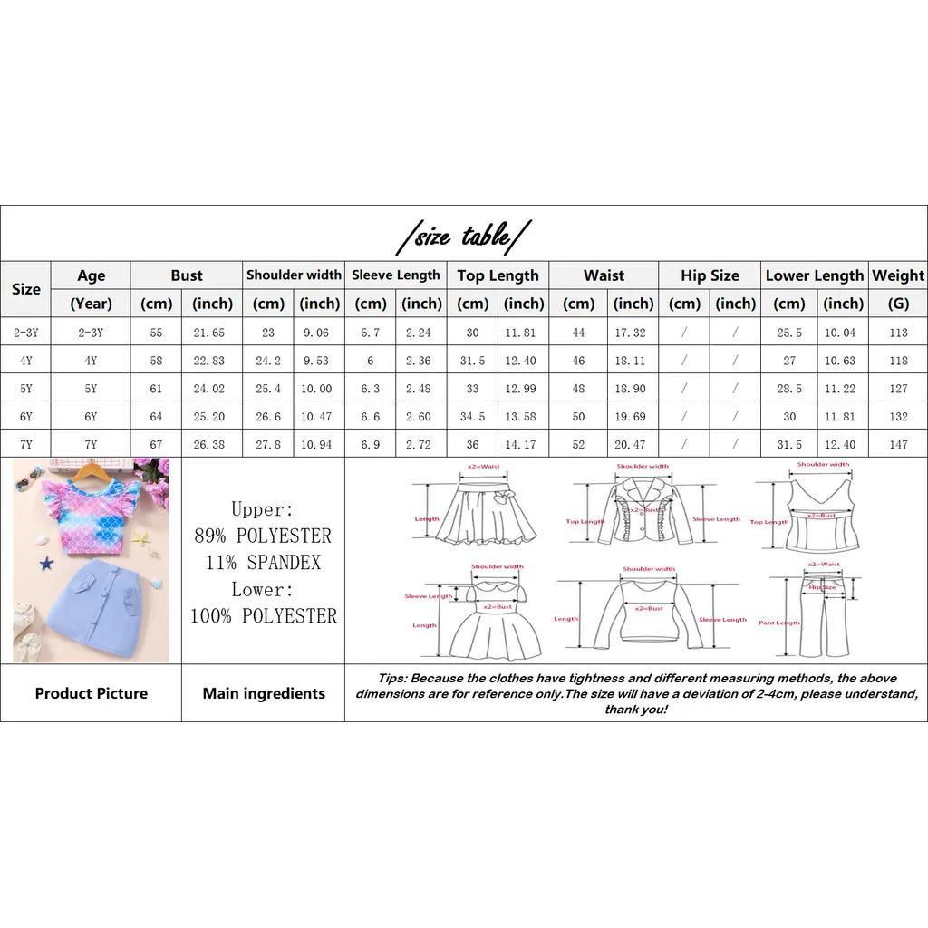 Conjunto de ropa para niñas, chaleco escamas de pescado púrpura bonito informal de verano + falda ceñida azul, disfraz de vacaciones para niños de 3 4 5 6 7 años - imagen 4