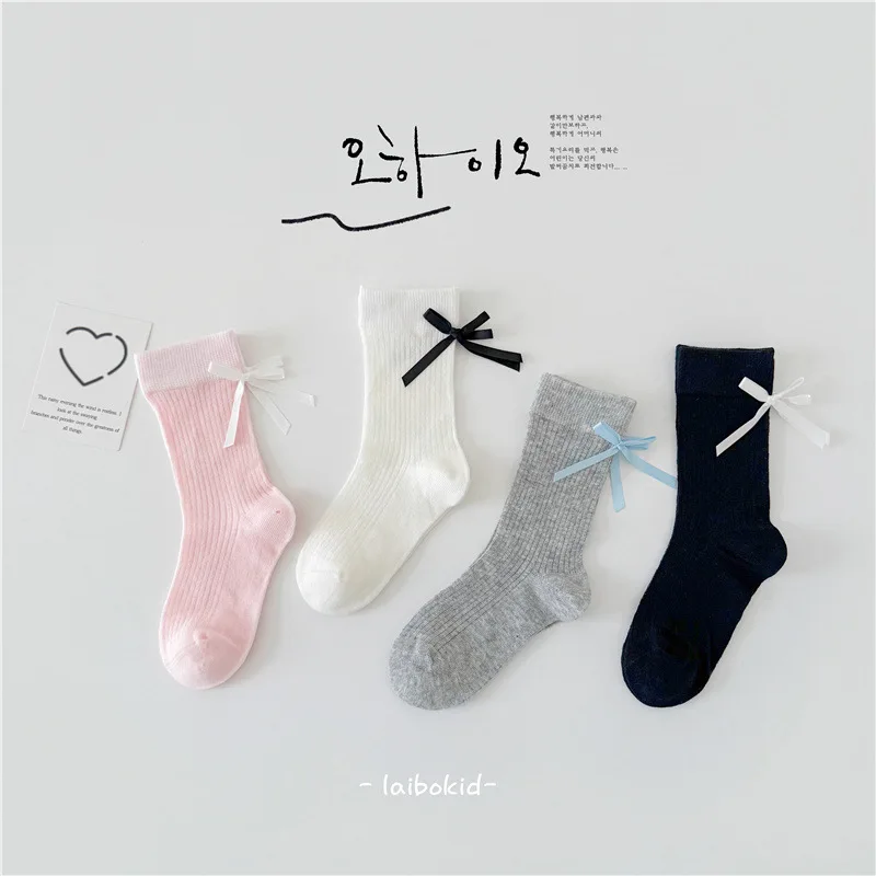 Calcetín de pantorrilla sencillo y dulce para niños y niñas, calcetín fino y transpirable de algodón suave con lazo a la moda, moda coreana para la escuela - imagen 3