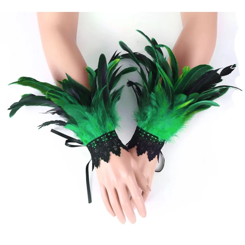 Puños de plumas, manga de malla, puños largos de encaje con bordado de plumas, puños de moda gótica, accesorio de escenario para fiesta de Halloween para hombre y mujer